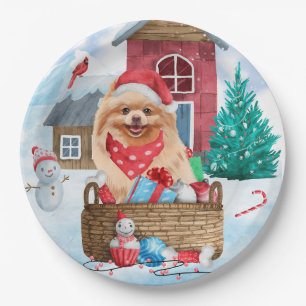 Pomeranian Dog In snow Christmas Dog House Paper Plate