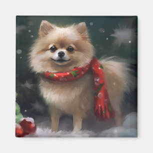 Pomeranian Dog in Snow Christmas Magnet