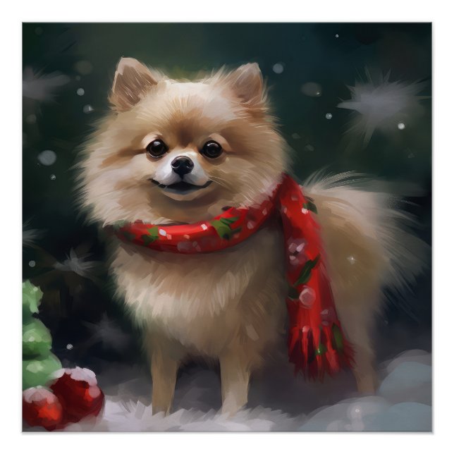 Pomeranian Dog in Snow Christmas Poster (Front)