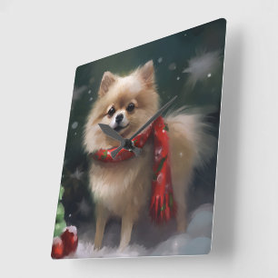 Pomeranian Dog in Snow Christmas Square Wall Clock