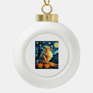 Pomeranian Dog Lovers Painting of van gogh starry Ceramic Ball Christmas Ornament