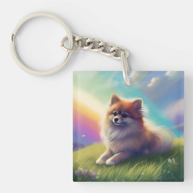Pomeranian Dog Memorial Rainbow Bridge Remembrance Key Ring (Front)