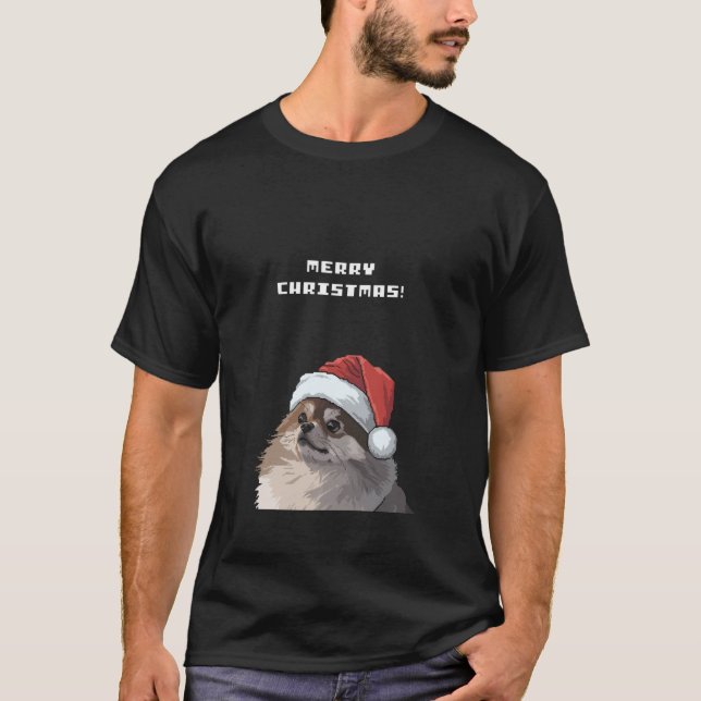 Pomeranian Dog Merry Christmas Pixel  T-Shirt (Front)