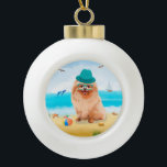 Pomeranian Dog on Beach  Ceramic Ball Christmas Ornament<br><div class="desc">A Pomeranian dog sitting on beach is a perfect gift idea for someone who love this dog breed.</div>