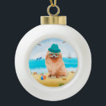 Pomeranian Dog on Beach  Ceramic Ball Christmas Ornament<br><div class="desc">A Pomeranian dog sitting on beach is a perfect gift idea for someone who love this dog breed.</div>
