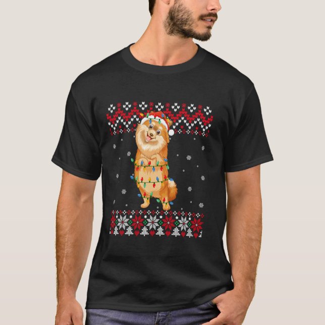 Pomeranian Dog Santa Hat Men Women Kids Ugly Chris T-Shirt (Front)