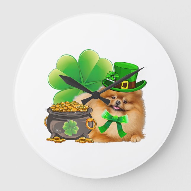 Pomeranian Dog Shamrock St Patricks Day Dog Irish Large Clock (Front)