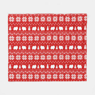 Pomeranian Dog Silhouettes Christmas Pattern Red Fleece Blanket