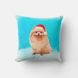 Pomeranian Dog Sitting On Beach Christmas Hat Cushion
