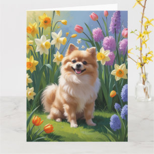 Pomeranian Dog Spring Flowers Painting  Card