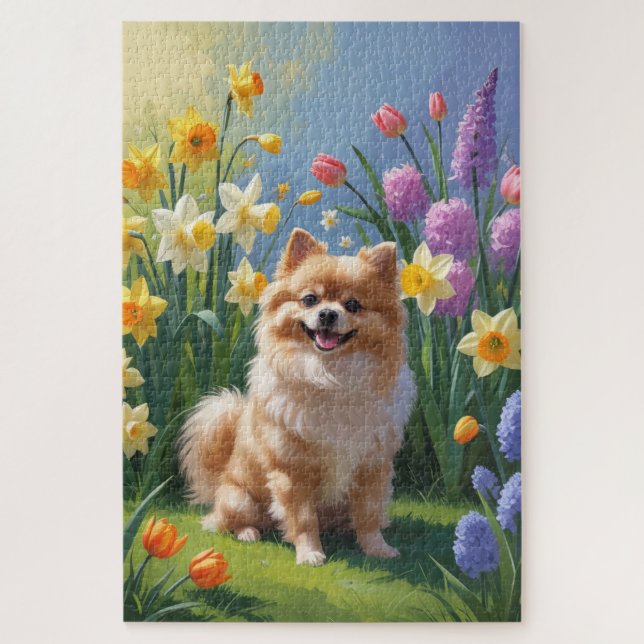 Pomeranian Dog Spring Flowers Painting  Jigsaw Puzzle (Vertical)