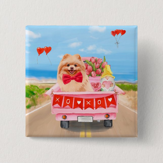Pomeranian Dog Valentine's Day Truck Hearts 15 Cm Square Badge (Front)