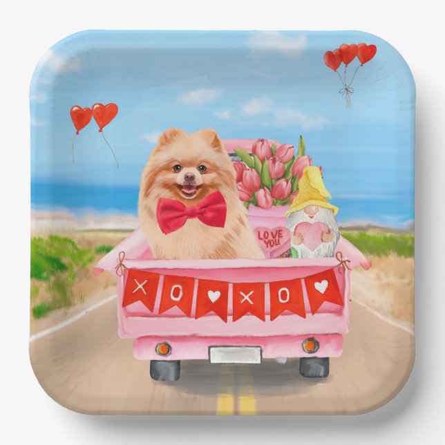 Pomeranian Dog Valentine's Day Truck Hearts Paper Plate (Front)