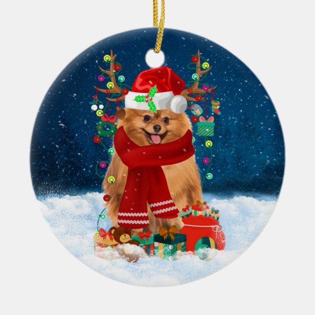 Pomeranian dog with Christmas gifts  Ceramic Tree Decoration (Front)