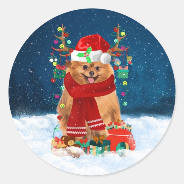 Pomeranian dog with Christmas gifts  Classic Round Sticker (Front)