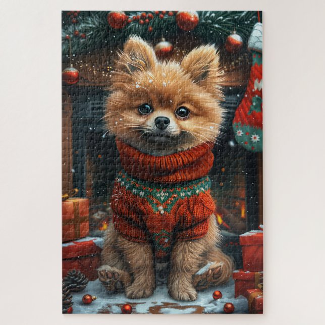 Pomeranian Dog With Christmas Gifts Fireplace Jigsaw Puzzle (Vertical)