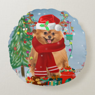 Pomeranian dog with Christmas gifts  Round Cushion