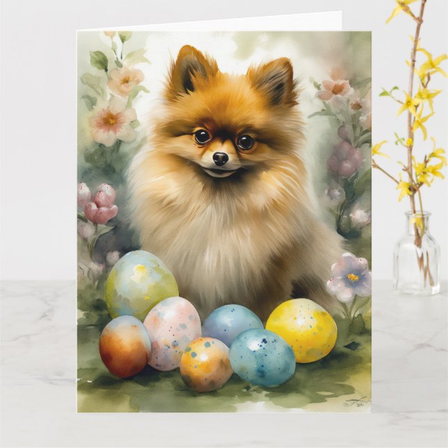 Pomeranian Dog with Easter Eggs Holiday  Card (Yellow Flower)