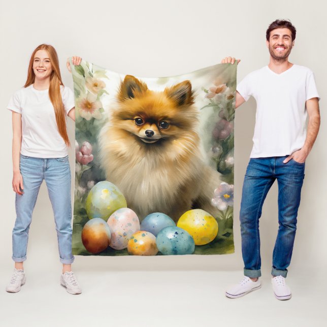 Pomeranian Dog with Easter Eggs Holiday  Fleece Blanket (In Situ)