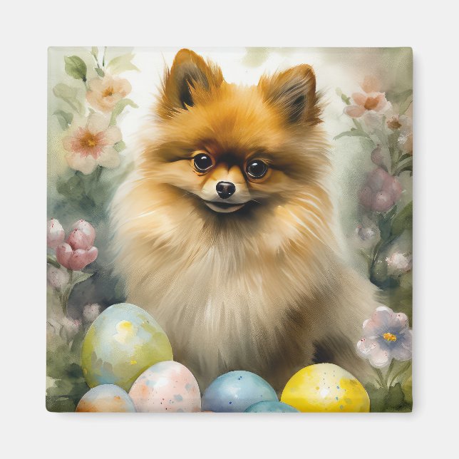 Pomeranian Dog with Easter Eggs Holiday  Magnet (Front)