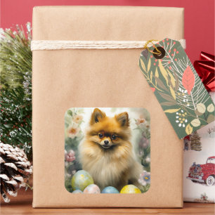 Pomeranian Dog with Easter Eggs Holiday  Square Sticker