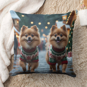 Pomeranian Dogs Christmas Snow Holiday  Cushion