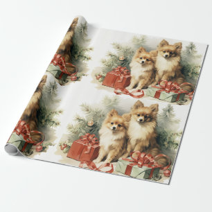 Pomeranian Dogs Christmas Tree and Presents Wrapping Paper