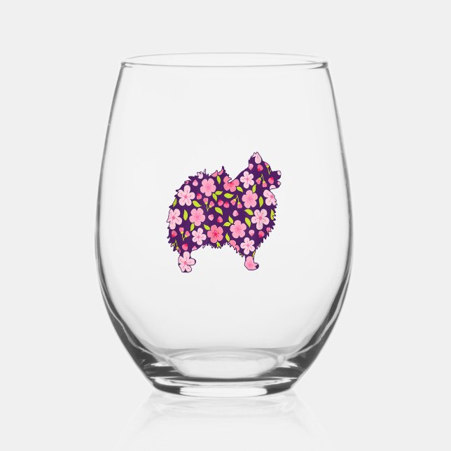 Pomeranian Dogs Flower Pattern Pomeranians Lover Stemless Wine Glass (Front)