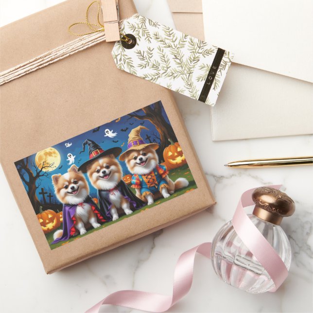 Pomeranian Dogs Pumpkin Halloween Funny  Rectangular Sticker (Gifting)