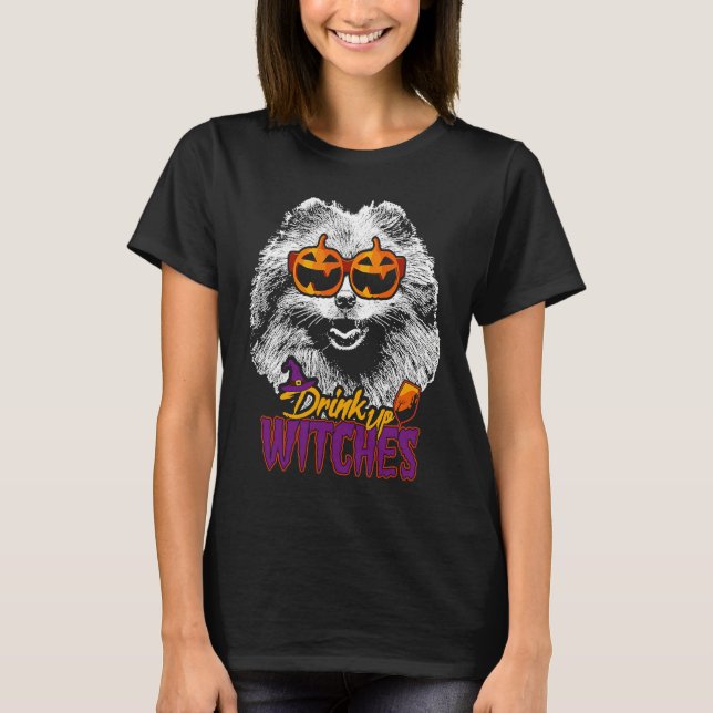 Pomeranian Drink Up Witches Halloween T-Shirt (Front)