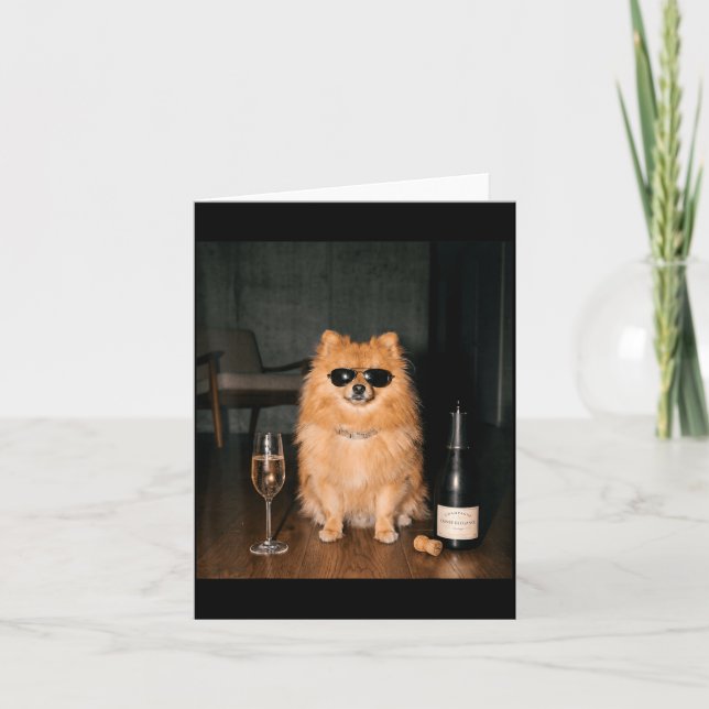 Pomeranian Drinking Champagne Funny Fathers Day Card (Front)