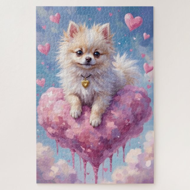 Pomeranian Floating on a Cloud Heart Valentine Jigsaw Puzzle (Vertical)