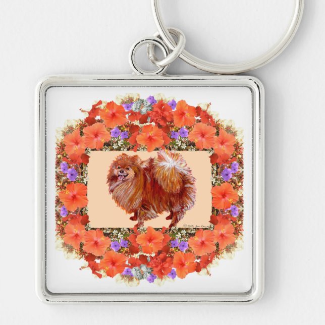 Pomeranian Floral Key Ring (Front)