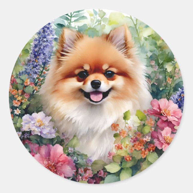 Pomeranian Floral Watercolor Portrait Classic Round Sticker (Front)