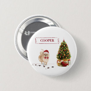 Pomeranian Funny Christmas Dog with Tree 6 Cm Round Badge