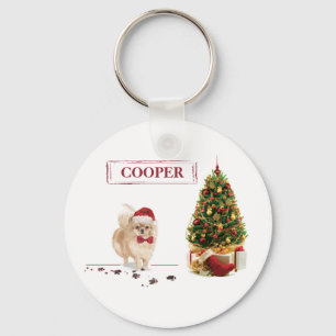 Pomeranian Funny Christmas Dog with Tree Key Ring