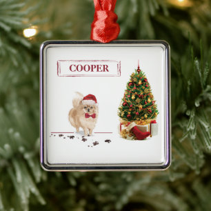 Pomeranian Funny Christmas Dog with Tree Metal Tree Decoration