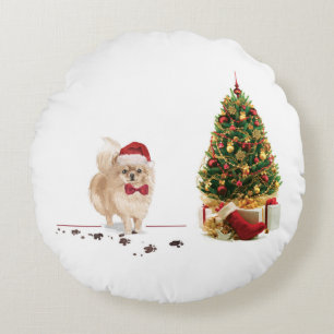 Pomeranian Funny Christmas Dog with Tree Round Cushion
