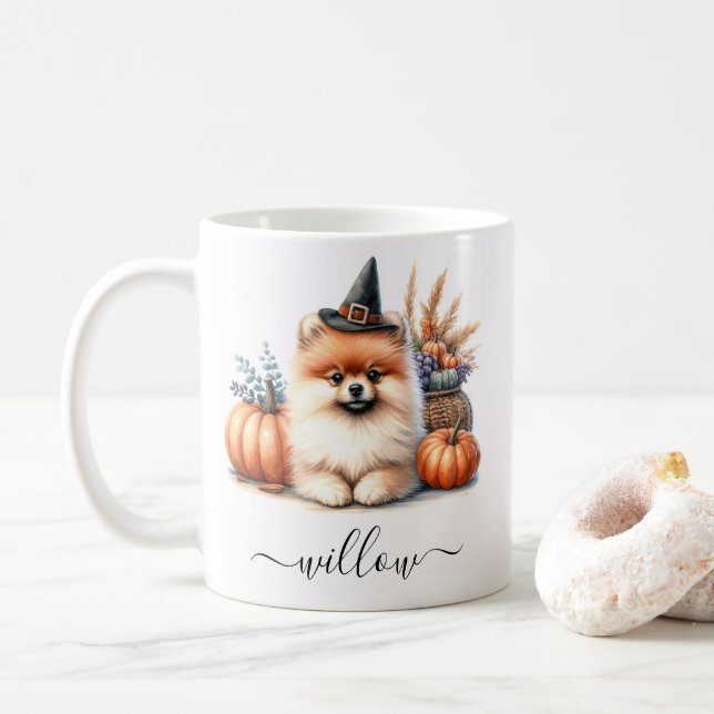 Pomeranian Halloween Mug with Personalised Name (With Donut)