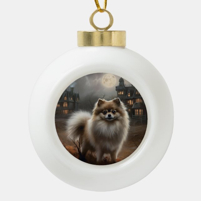 Pomeranian Halloween Scary Ceramic Ball Christmas Ornament (Front)