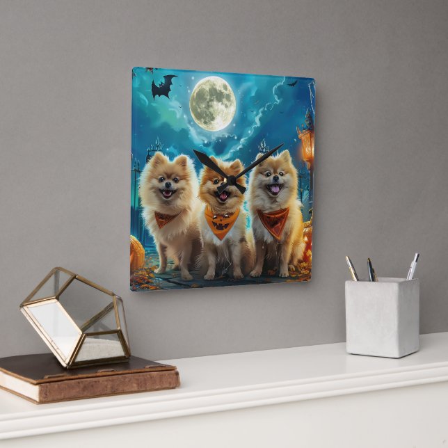 Pomeranian Halloween Spooky Square Wall Clock (Office)