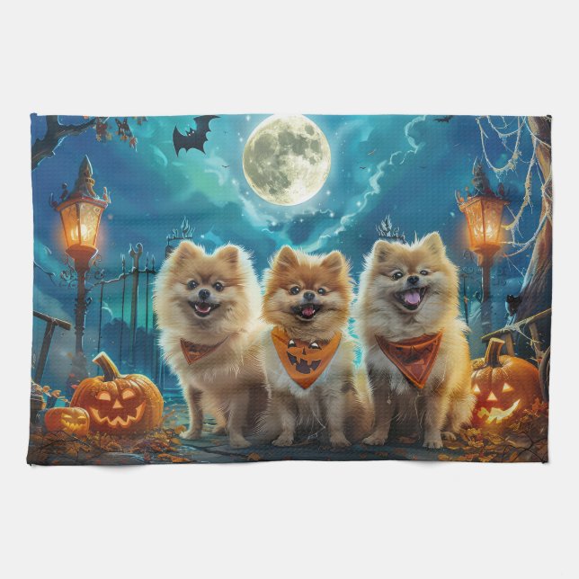Pomeranian Halloween Spooky Tea Towel (Horizontal)