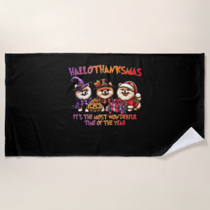 Pomeranian Halloween Thanksgiving Christmas Classi Beach Towel