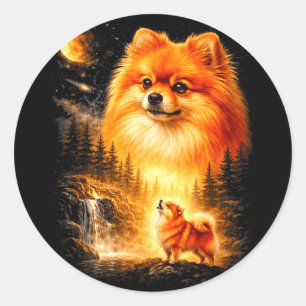 Pomeranian howling to the moon vintage mystical do classic round sticker