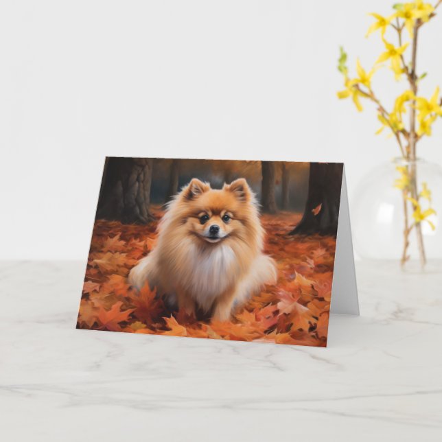 Pomeranian in Autumn Leaves Fall Inspire  Card (Yellow Flower)