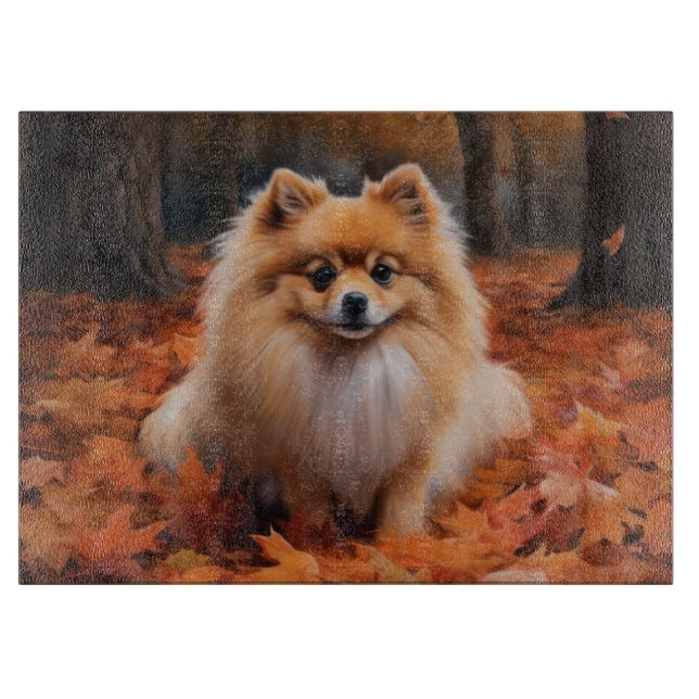 Pomeranian in Autumn Leaves Fall Inspire  Cutting Board (Front)