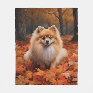 Pomeranian in Autumn Leaves Fall Inspire Fleece Blanket