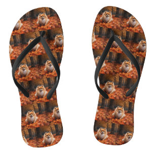 Pomeranian in Autumn Leaves Fall Inspire Jandals