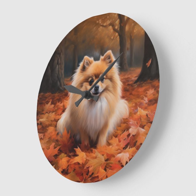 Pomeranian in Autumn Leaves Fall Inspire  Large Clock (Angle)