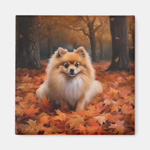 Pomeranian in Autumn Leaves Fall Inspire  Magnet